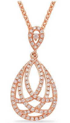 .29CT DIAMOND 14KT ROSE GOLD 3D CLASSIC OPEN FILIGREE TEAR DROP FLOATING PENDANT