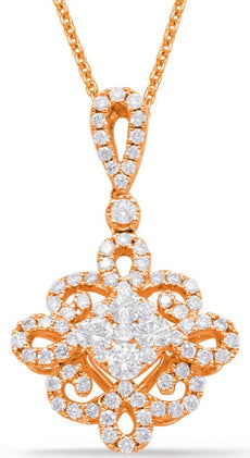 .72CT DIAMOND 14K ROSE GOLD 3D ROUND INVISIBLE OPEN FILIGREE FLOWER LOVE PENDANT