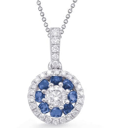 .55CT DIAMOND & AAA SAPPHIRE 14KT WHITE GOLD 3D FLOWER CIRCULAR FLOATING PENDANT