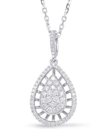 .48CT DIAMOND 14K WHITE GOLD 3D CLUSTER TEAR DROP OPEN FILIGREE FLOATING PENDANT