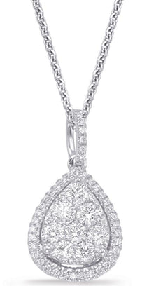 .59CT DIAMOND 14KT WHITE GOLD 3D PAVE CLUSTER HALO TEAR DROP FLOATING PENDANT