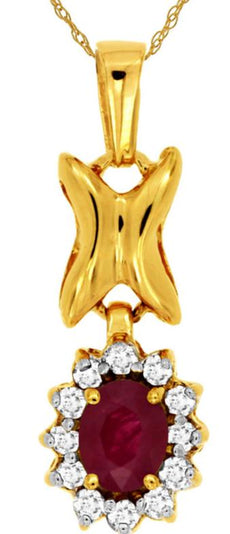 .56CT DIAMOND & AAA RUBY 14KT YELLOW GOLD OVAL & ROUND FLOWER BUTTERFLY PENDANT