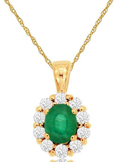 .55CT DIAMOND & AAA EMERALD 14KT YELLOW GOLD OVAL & ROUND FLOWER CLASSIC PENDANT