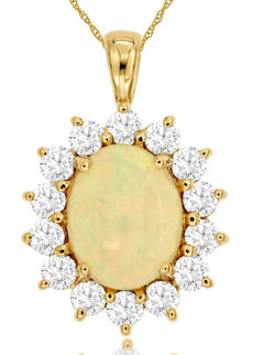 4.90CT DIAMOND & AAA OPAL 14KT YELLOW GOLD OVAL & ROUND FLOWER FLOATING PENDANT