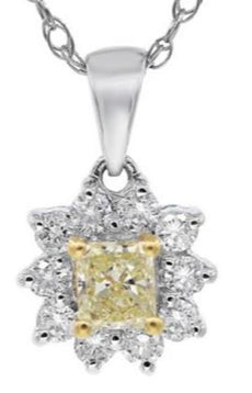 .59CT WHITE & YELLOW DIAMOND 18KT WHITE GOLD 3D PRINCESS & ROUND FLOWER PENDANT
