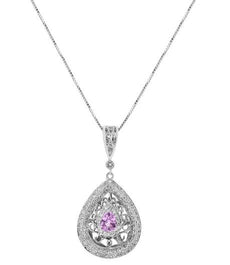 .74CT DIAMOND & AAA PINK SAPPHIRE 18KT WHITE GOLD 3D TEAR DROP FLOATING PENDANT
