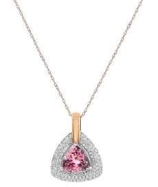 2.01CT DIAMOND & AAA PINK TOURMALINE 14K 2 TONE GOLD 3D TRILLION & ROUND PENDANT
