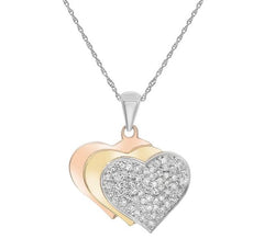ESTATE .20CT DIAMOND 14KT TRI COLOR GOLD 3D TRIPLE HEART PAVE LOVE PENDANT
