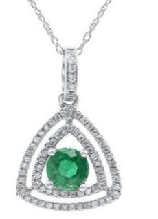 1.03CT DIAMOND & AAA EMERALD 14KT WHITE GOLD 3D TRILLION DOUBLE HALO FUN PENDANT
