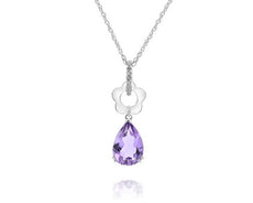 1.64CT DIAMOND & AAA AMETHYST 14KT WHITE GOLD 3D FLOWER TEAR DROP FUN PENDANT