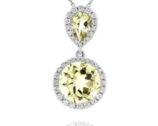 4.82CT DIAMOND & AAA LEMON QUARTZ 14KT WHITE GOLD 3D CIRCULAR TEAR DROP PENDANT