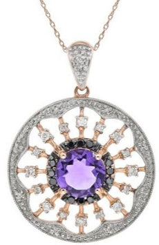 2.09CT WHITE & BLACK DIAMOND & AAA AMETHYST 14KT ROSE GOLD CIRCULAR FUN PENDANT