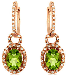 2.78CT DIAMOND & AAA PERIDOT 14K ROSE GOLD 3D OVAL & ROUND HALO HANGING EARRINGS
