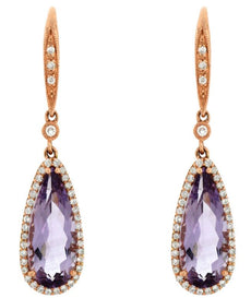 6.45CT DIAMOND & AAA AMETHYST 14K ROSE GOLD TEAR DROP LEVERBACK HANGING EARRINGS