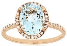 2.14CT DIAMOND & AAA AQUAMARINE 14KT ROSE GOLD OVAL & ROUND HALO ENGAGEMENT RING