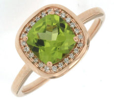 1.74CT DIAMOND & AAA PERIDOT 14KT ROSE GOLD CUSHION & ROUND HALO SQUARE FUN RING