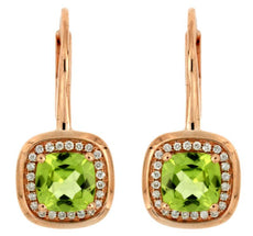 2.35CT DIAMOND & AAA PERIDOT 14K ROSE GOLD CUSHION & ROUND HALO HANGING EARRINGS