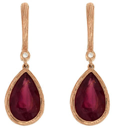 ESTATE 7.33CT DIAMOND & AAA RUBY 14KT ROSE GOLD TEAR DROP BEZEL HANGING EARRINGS