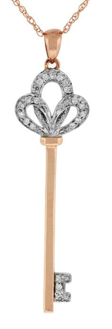 ESTATE .10CT DIAMOND 14KT WHITE & ROSE GOLD 3D KEY TO YOUR HEART LOVE PENDANT