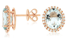 4.55CT DIAMOND & AAA AQUAMARINE 14KT ROSE GOLD OVAL & ROUND HALO STUD EARRINGS