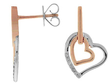 .06CT DIAMOND 14KT WHITE & ROSE GOLD CLASSIC DOUBLE HEART LOVE HANGING EARRINGS