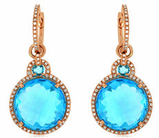LARGE 24.3CT DIAMOND & BLUE TOPAZ 14KT ROSE GOLD 3D HALO HUGGIE HANGING EARRINGS