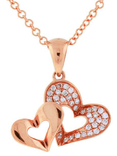 ESTATE .16CT DIAMOND 14K ROSE GOLD 3D CLASSIC DOUBLE HEART LOVE FLOATING PENDANT