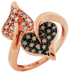 .40CT WHITE & CHOCOLATE FANCY DIAMOND 14KT ROSE GOLD 3D DOUBLE HEART LOVE RING