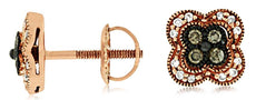 WHITE & CHOCOLATE FANCY DIAMOND 14KT ROSE GOLD 3D 4 LEAF CLOVER FLOWER EARRINGS