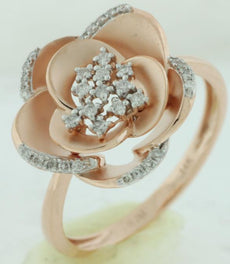 ESTATE .18CT DIAMOND 14KT ROSE GOLD 3D FLOWER ROSE CLASSIC RING