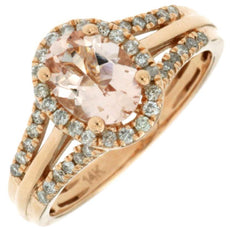 1.30CT DIAMOND & AAA MORGANITE 14KT ROSE GOLD OVAL & ROUND HALO ENGAGEMENT RING