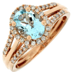1.4CT DIAMOND & AAA AQUAMARINE 14KT ROSE GOLD OVAL & ROUND HALO FRIENDSHIP RING