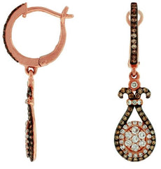 WHITE & MOCHA DIAMOND 14KT ROSE GOLD 3D TEAR DROP FLEAUR DE LIS HANGING EARRINGS