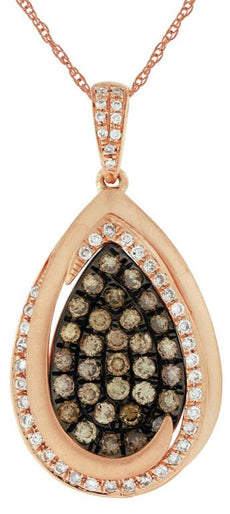 .82CT WHITE & MOCHA DIAMOND 14KT ROSE GOLD 3D CLUSTER TEAR DROP FLOATING PENDANT