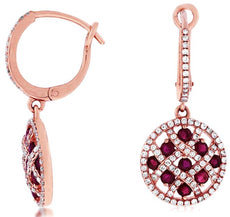 1.34CT DIAMOND & AAA RUBY 14KT ROSE GOLD CRISS CROSS LEVERBACK HANGING EARRINGS
