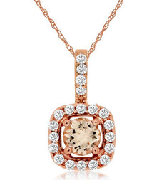 .34CT DIAMOND & AAA MORGANITE 14KT ROSE GOLD ROUND HALO SQUARE FLOATING PENDANT