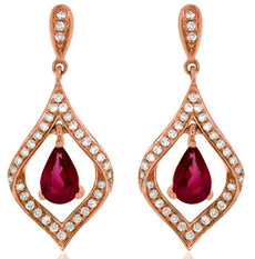 1.19CT DIAMOND & AAA RUBY 14KT ROSE GOLD 3D PEAR SHAPE & ROUND HANGING EARRINGS
