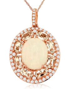6.70CT DIAMOND & AAA OPAL & AAA MORGANITE 14KT ROSE GOLD 3D OVAL & ROUND PENDANT