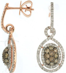 1.24CT WHITE & MOCHA DIAMOND 14KT ROSE GOLD 3D CLUSTER FLOWER HANGING EARRINGS