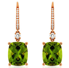 8.75CT DIAMOND & AAA PERIDOT 14KT ROSE GOLD 3D CUSHION & ROUND HANGING EARRINGS