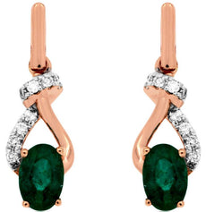 ESTATE .95CT DIAMOND & AAA EMERALD 14K ROSE GOLD OVAL LOVE KNOT HANGING EARRINGS