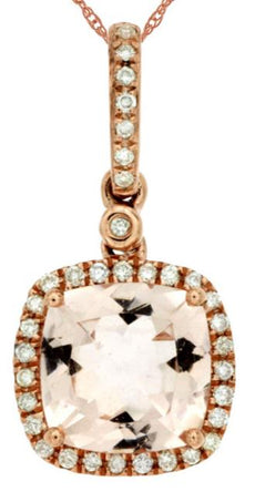 2.14CT DIAMOND & AAA MORGANITE 14K ROSE GOLD 3D CUSHION & ROUND FLOATING PENDANT