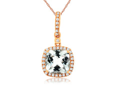 1.99CT DIAMOND & AAA AQUAMARINE 14KT ROSE GOLD CUSHION & ROUND FLOATING PENDANT