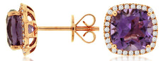 4.01CT DIAMOND & AAA AMETHYST 14KT ROSE GOLD CUSHION & ROUND HALO STUD EARRINGS