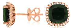 4.51CT DIAMOND & AAA RUSSALITE 14KT ROSE GOLD 3D CUSHION & ROUND STUD EARRINGS