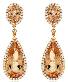 LARGE 13.35CT DIAMOND & AAA MORGANITE 14KT ROSE GOLD PEAR SHAPE & ROUND EARRINGS