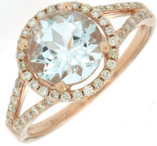 2.06CT DIAMOND & AAA AQUAMARINE 14KT ROSE GOLD 3D ROUND HALO ENGAGEMENT RING