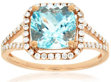 2.10CT DIAMOND & AAA AQUAMARINE 14KT ROSE GOLD CUSHION OCTAGON ENGAGEMENT RING