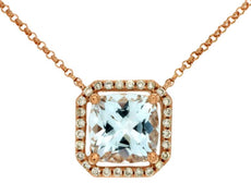 1.89CT DIAMOND & AAA AQUAMARINE 14KT ROSE GOLD CUSHION & ROUND OCTAGON NECKLACE