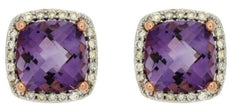 2.96CT DIAMOND & AAA AMETHYST 14KT WHITE ROSE GOLD CUSHION & ROUND STUD EARRINGS